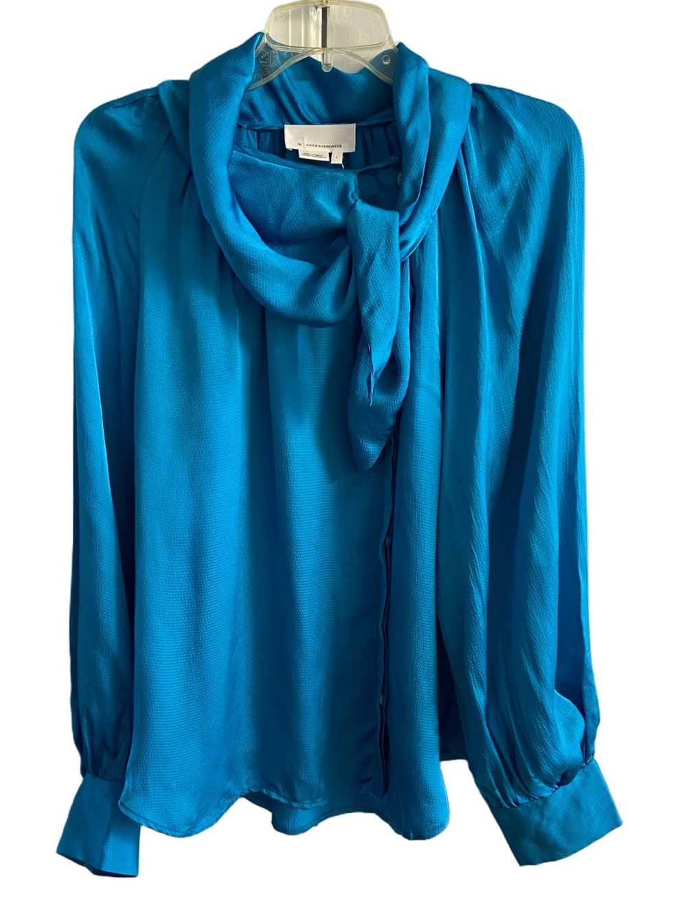 Anthropologie Teal Blue Satin Tie Neck Long Sleeve Blouse Large NWT
